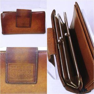 Vintage 70s-80s Levi Strauss & Co Leather Wallet Kiss-Lock Check/Bills Logo Tan